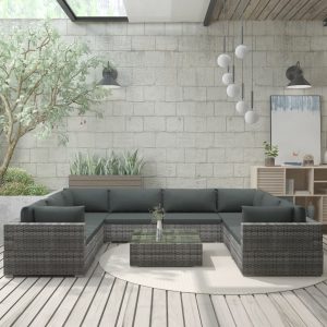 vidaXL Loungegrupp för trädgården med dynor 9 delar konstrotting grå