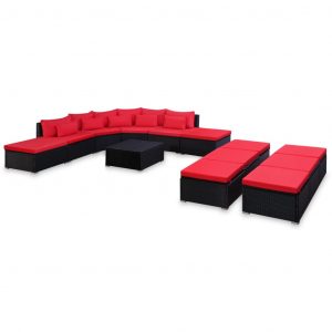 vidaXL Loungegrupp för trädgården med dynor 9 delar konstrotting röd