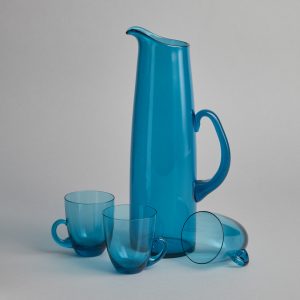Vintage – Karaff och muggar i blått glas