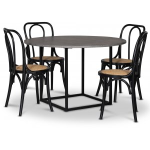 Sintorp matgrupp, runt matbord Ø115 cm inkl 4 st Samset svarta böjträ stolar – Betong