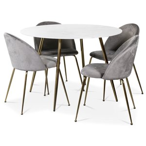 Art matgrupp: Runt bord marmor/Mässing + 4 st Art stolar grå sammet / mässing
