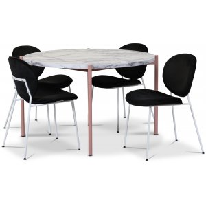 Aspö matgrupp Ø120cm inkl. 4 st Rondo stolar i sammet – Ljus marmor/rosa