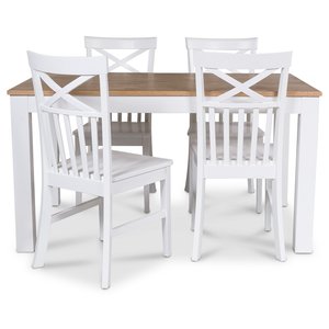Dalarös matgrupp 140 cm bord vit/ek + 4 st Mellby stolar – Ingen tilläggsskiva