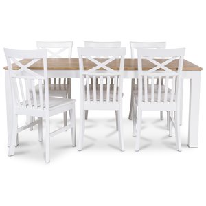 Dalarös matgrupp 180 cm bord vit/ek + 6 st Mellby matstolar – Ingen tilläggsskiva