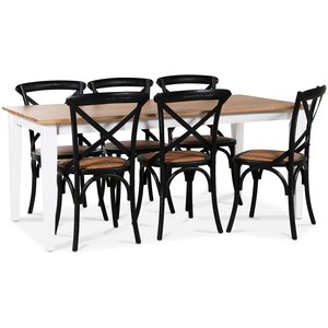 Dalarös matgrupp 180 cm bord vit/ek + 6 st svarta Gaston matstolar – Ingen tilläggsskiva