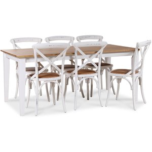 Dalarös matgrupp 180 cm bord vit/ek + 6 st vita Gaston matstolar – Ingen tilläggsskiva