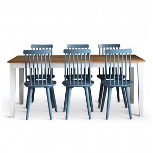 Dalsland matgrupp: Matbord i Ek / vit med 6 st duvblå Pinnstolar