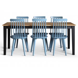 Dalsland matgrupp: Matbord i svart / ek med 6 st duvblå pinnstolar