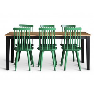 Dalsland matgrupp: Matbord i svart / ek med 6 st gröna pinnstolar