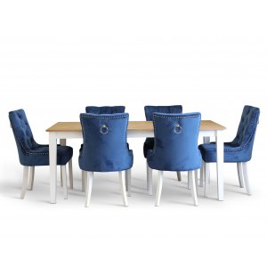 Dalsland matgrupp: Matbord i vit / ek med 6 st Tuva stolar i blå sammet