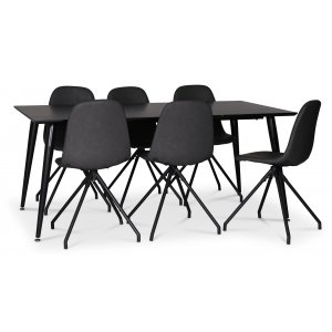Dipp matgrupp matbord 180×90 cm med 6 st svarta Bridge snurrbara matstolar + Fläckborttagare för möbler