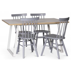 Edge matgrupp Matbord i vit HPL 140×90 cm med 4 st gråa Orust pinnstolar