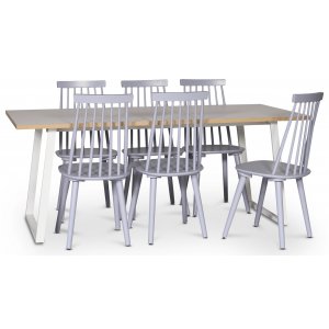 Edge matgrupp Matbord i vit HPL 190×90 cm med 6 st gråa Dalsland pinnstolar