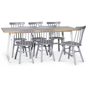 Edge matgrupp Matbord i vit HPL 190×90 cm med 6 st gråa Orust pinnstolar + 4.00 x Möbeltassar