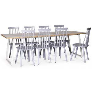 Edge matgrupp Matbord i vit HPL 240×90 cm med 8 st gråa Dalsland pinnstolar
