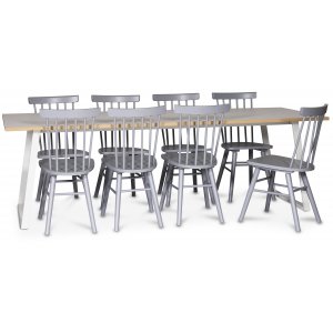 Edge matgrupp Matbord i vit HPL 240×90 cm med 8 st gråa Orust pinnstolar + Fläckborttagare för möbler