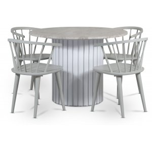 Empire matgrupp Ø105 cm inkl. 4 st Dalsland grå stolar – Silver Diana marmor / Vit lamell träfot
