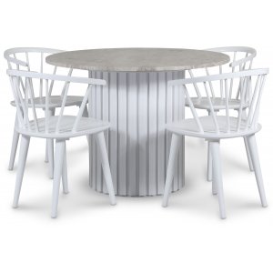 Empire matgrupp Ø105 cm inkl. 4 st Dalsland vita stolar – Silver Diana marmor / Vit lamell träfot
