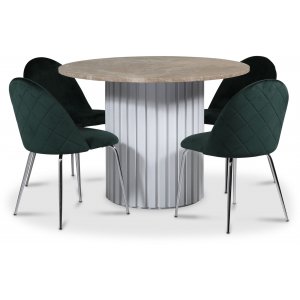Empire matgrupp Ø105 cm inkl. 4 st Plaza velvet gröna stolar – Empradore marmor / Vit lamell träfot