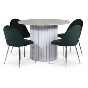 Empire matgrupp Ø105 cm inkl. 4 st Plaza velvet gröna stolar – Silver Diana marmor / Vit lamell träfot