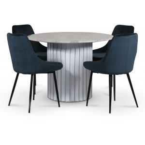 Empire matgrupp Ø105 cm inkl. 4 st Theo blå stolar – Silver Diana marmor / Vit lamell träfot