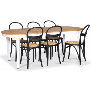 Fårö matgrupp Ovalt matbord 160-210 cm – Vit / Oljad Ek med 6 st Danderyd No.16 matstolar Svart