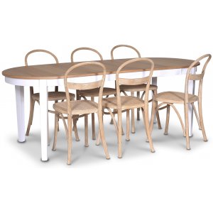 Fårö matgrupp Ovalt matbord 160-210 cm – Vit / Oljad Ek med 6 st Danderyd No.16 matstolar Whitewash