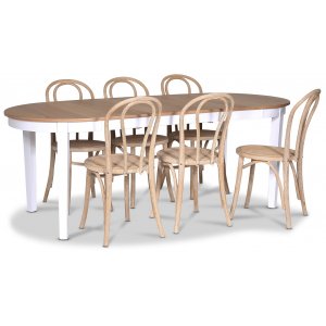 Fårö matgrupp Ovalt matbord 160-210 cm – Vit / Oljad Ek med 6 st Danderyd No.18 matstolar Whitewash
