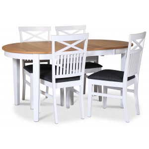 Fårö matgrupp matbord 160/210×90 cm – Vit / oljad ek med 4 st Fårö stolar kryss i ryggen och sits i grått tyg