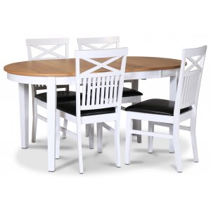 Fårö matgrupp matbord 160/210×90 cm – Vit / oljad ek med 4 st Fårö stolar kryss i ryggen och sits i svart PU