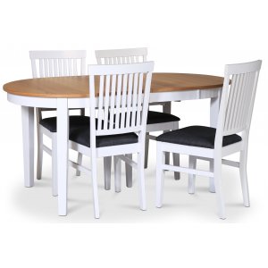 Fårö matgrupp matbord 160/210×90 cm – Vit / oljad ek med 4 st Fårö stolar med grå tygsits