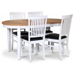 Fårö matgrupp matbord 160/210×90 cm – Vit / oljad ek med 4 st Fårö stolar med svart PU-sits