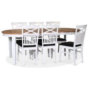 Fårö matgrupp matbord 160/210×90 cm – Vit / oljad ek med 6 st Fårö stolar med kryss i ryggen, sits i svart PU