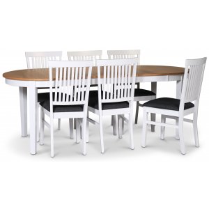 Fårö matgrupp matbord 160/210×90 cm – Vit / oljad ek med 6 st Fårö stolar med sits i grått tyg