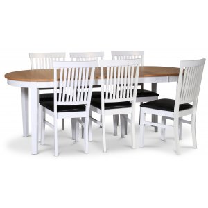 Fårö matgrupp matbord 160/210×90 cm – Vit / oljad ek med 6 st Fårö stolar med sits i svart PU
