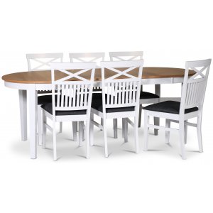 Fårö matgrupp matbord 160/210×90 cm – Vit / oljad ek med 6 st Skagen stolar med kryss i ryggen, grå sits