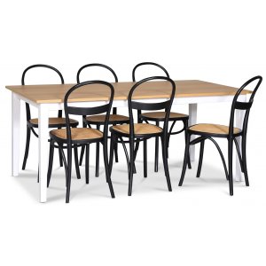 Fårö matgrupp matbord 180×90 cm – Vit / oljad ek med 6 st Danderyd No.16 stolar Svarta