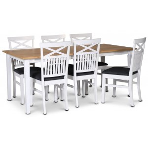 Fårö matgrupp matbord 180×90 cm – Vit / oljad ek med 6 st Fårö matstolar med kryss i ryggen, sits i grått tyg