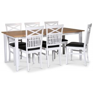 Fårö matgrupp matbord 180×90 cm – Vit / oljad ek med 6 st Fårö matstolar med kryss i ryggen, sits i svart PU