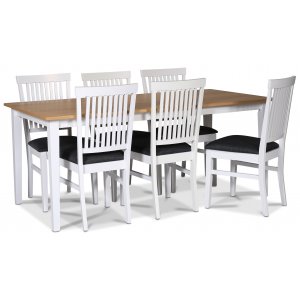 Fårö matgrupp matbord 180×90 cm – Vit / oljad ek med 6 st Fårö matstolar med ribbor i ryggen, sits i grått tyg