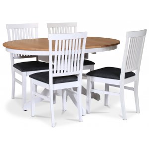 Fitchburg matgrupp runt matbord 106 /141 cm – Vit / oljad ek med 4 st Fårö stolar med sits i grått tyg