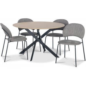 Hogrän matgrupp Ø120 cm bord i ljust trä + 4 st Hogrän grå stolar