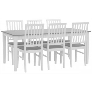 Matgrupp: Fårö matbord 180×90 cm med 6 st Fårö stolar – vit/grå + 4.00 x Möbeltassar