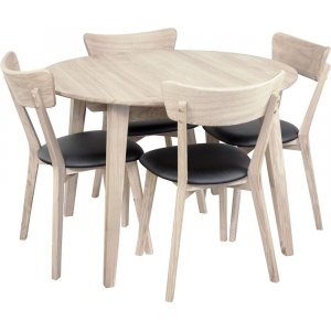 Matgrupp Genova matbord 110-160 cm inkl 6 st Amino stolar – Vitpigmenterad/svart ecoläder + 3.00 x Möbeltassar