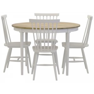 Matgrupp: Läckö matbord, runt – vit / oljad ek + 4 st Karl-Oskar pinnstol – vit + Fläckborttagare för möbler