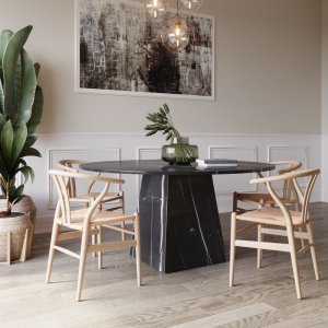 Matgrupp Pegani runt matbord i marmor inkl 4 st Sunda matstol – Mörk marmor/natur repsits