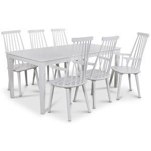 Mellby matgrupp 180 cm bord med 6 st vita Dalsland Pinnstolar med armstöd