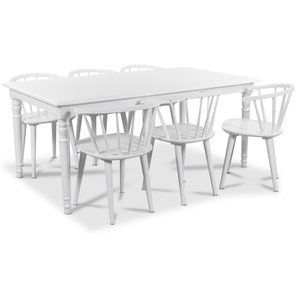 Nomi matgrupp 180 cm bord med 6 st vita Dalsland Pinnstolar med karm + 4.00 x Möbeltassar