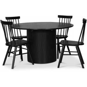 Nova matgrupp, förlängningsbart matbord Ø130-170 cm inkl 4 st Orust svarta pinnstolar – Svartbetsad ek
