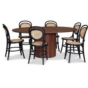 Nova matgrupp, förlängningsbart matbord Ø130-170 cm inkl 6 st svarta Alicia stolar böjträ – Valnöt + 3.00 x Möbeltassar